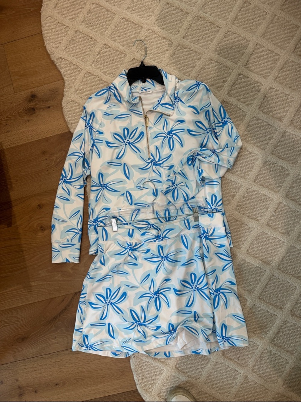 Women's White & Blue Floral Quarter-Zip Top and skorts